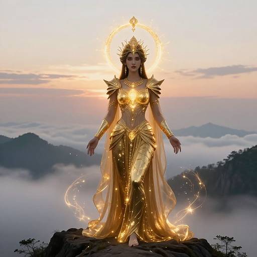 Digital artwork of a glowing, golden-armored goddess with a radiant crown, standing on a mountain peak at sunrise, surrounded by misty clouds and distant