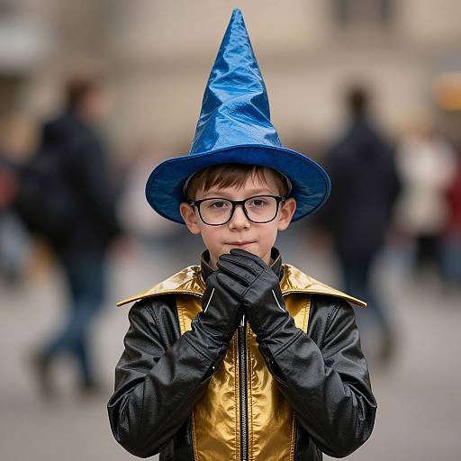Photograph of a young boy with glasses, blue wizard hat, black leather jacket with gold trim, and black gloves, standing in a blurred city street