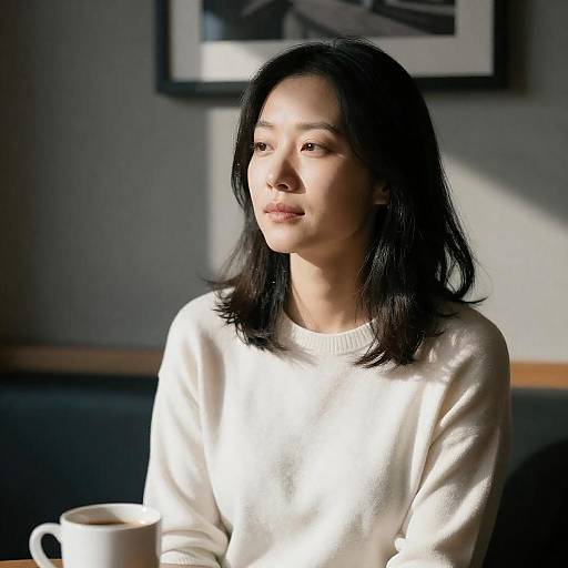 Sunlit Portrait: Asian Woman in Cafe