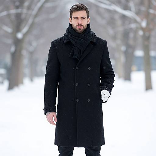Photograph of a bearded man in a black coat, scarf, and gloves standing in a snowy, blurred forest background.