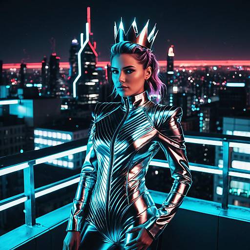 Futuristic Woman in Metallic Suit with Crown on City Rooftop