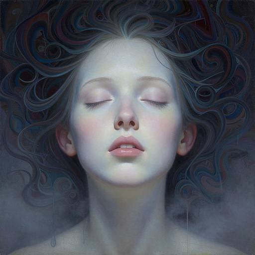 Digital painting of a serene, fair-skinned woman with closed eyes and flowing, dark, ethereal hair, glowing softly against a dark, misty