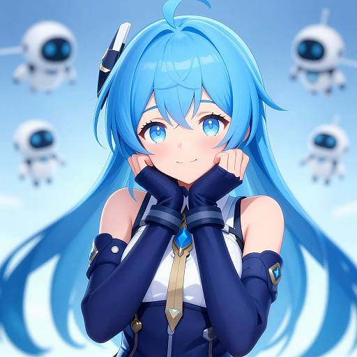 Digital anime-style drawing of a cute blue-haired girl with large blue eyes, black sleeveless top, and black gloves, smiling shyly, surrounded by