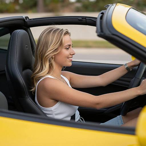 Joyful Blonde Woman Driving Sports Car