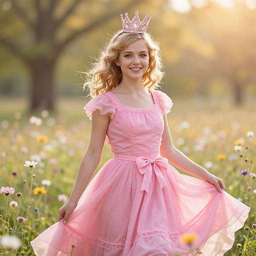 Whimsical Blonde Woman in Pink Dress
