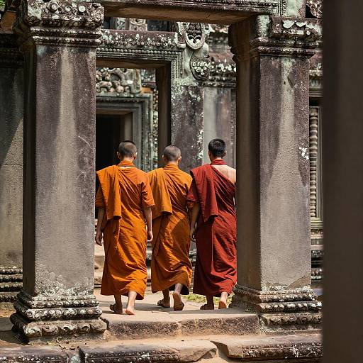 Monks Among Ancient Stone Ruins