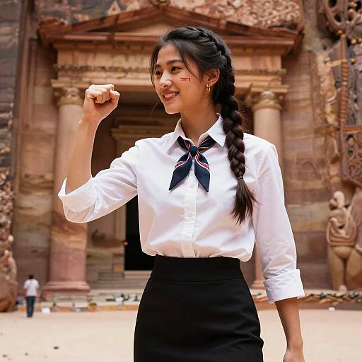 Photograph of an Indian woman with long black braided hair, wearing a white blouse with a black bow and black skirt, posing confidently in front of