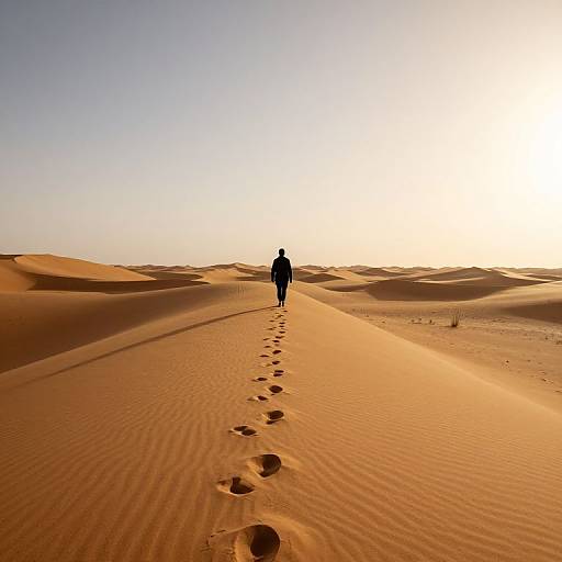 Photograph of a lone silhouetted hiker with footprints in an endless, golden-orange desert under a bright, clear sky at sunset.