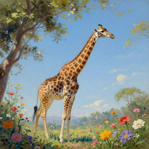 Digital painting of a tall giraffe standing in a vibrant, sunny meadow with colorful flowers, lush greenery, and a clear blue sky.