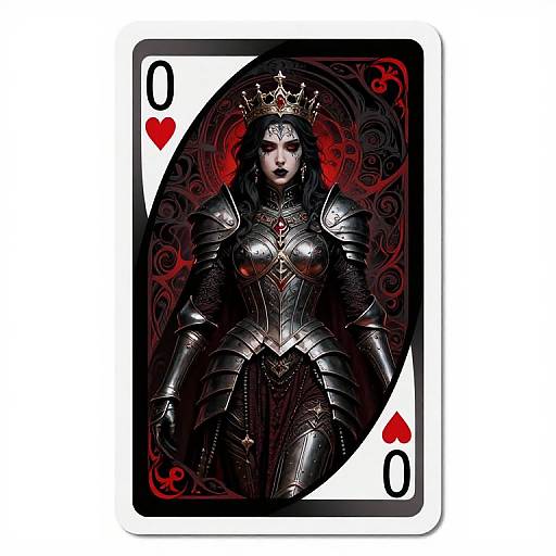 Digital artwork of a Queen of Spades card featuring a dark, armored, crowned woman with red eyes, black hair, and intricate silver armor against a