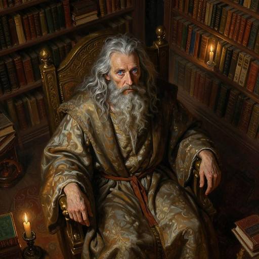 Digital painting of an elderly wizard with long white hair and beard, wearing a patterned robe, seated in a dimly lit, book-filled library with