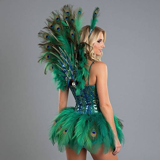 Photograph of a blonde woman in a sequined blue peacock-themed dress with green feathered peacock tails, turned to show back, against a