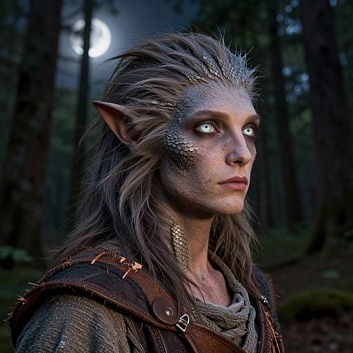 Photorealistic CGI of an elven woman with pointed ears, grey skin, and glowing blue eyes in a moonlit forest, wearing rustic, leather