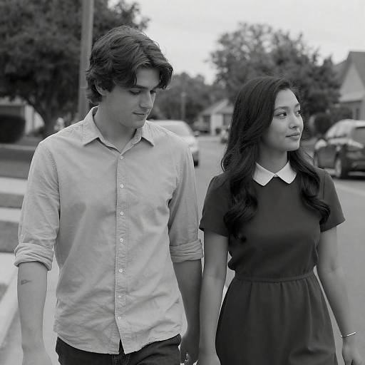 Young Couple Walking Hand in Hand on Suburban Street