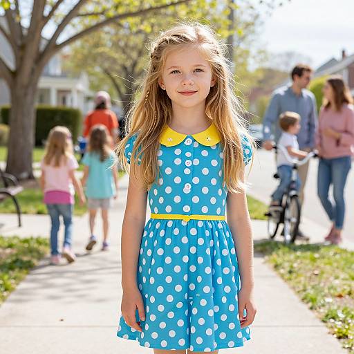 Cheerful Girl in Vibrant Polka Dot Dress