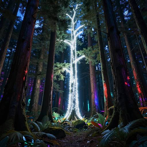 Glowing Neon Redwood Forest Night
