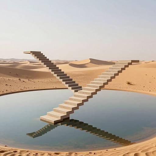 CGI image of a pixelated staircase reflecting in a circular pool, set in a sandy desert with dunes under a clear sky.