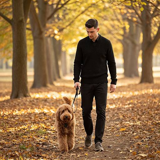 Photograph of a handsome man in a black sweater and pants, walking a fluffy brown dog on a leash, through a sunny autumn park with golden leaves