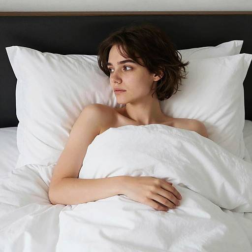 Young Woman in Bed with White Blanket