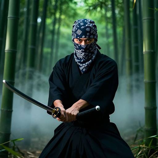 Photograph of a ninja with a black outfit, patterned mask, holding a katana in a misty bamboo forest. Stealthy, intense.
