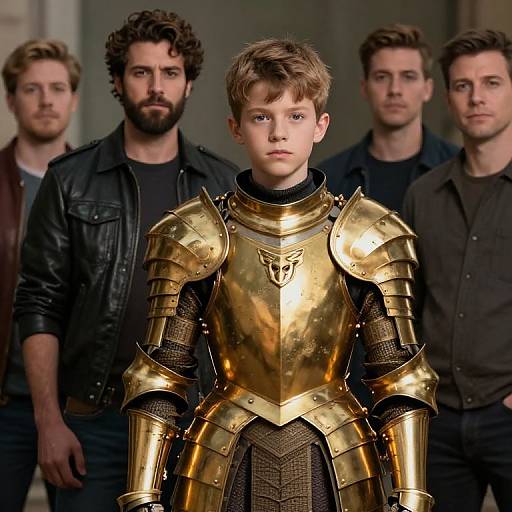 Photograph of a young boy in shiny, gold medieval armor standing in front of four bearded men in casual clothing.