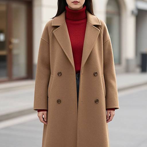 Photograph of a woman wearing a beige double-breasted coat over a red turtleneck, standing on a city street. Blurred background with buildings