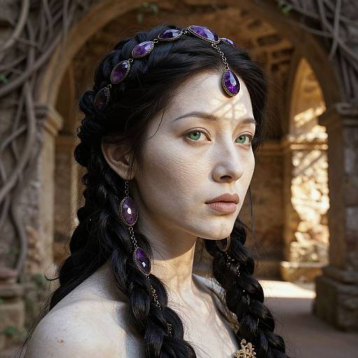 Digital artwork of a fair-skinned woman with green eyes, black braided hair, adorned with purple gem jewelry, in a sunlit, vine-covered