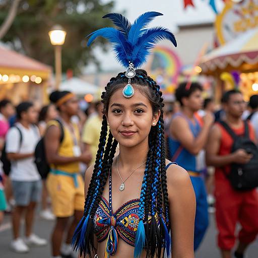 Photograph of a young woman with blue braids, blue feathered headpiece, colorful beaded top, smiling at a vibrant, crowded carnival.
