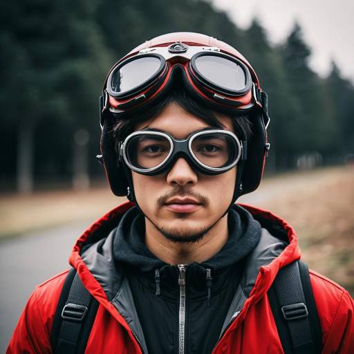 Young Man Wearing Vintage Motorcycle Helmet and Goggles