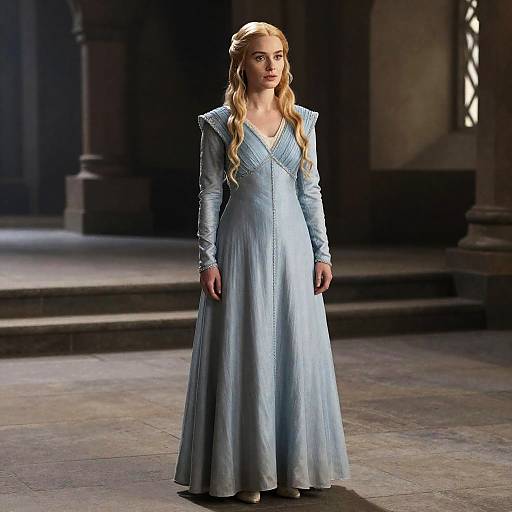 Photograph of a blonde woman with long wavy hair in a light blue, long-sleeved, medieval-style gown standing in a dimly lit