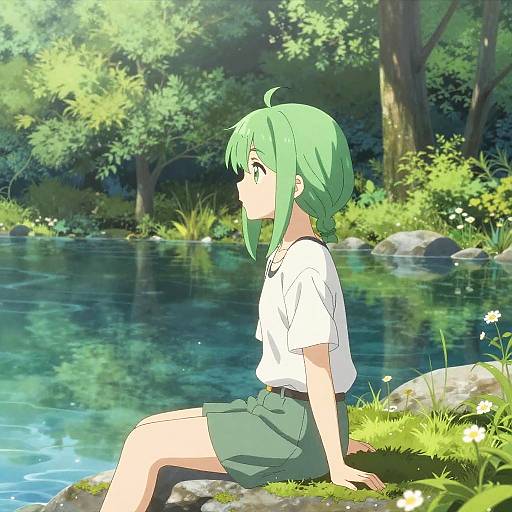 Anime-style digital drawing of a green-haired girl in a white shirt and green skirt, sitting by a serene, sunlit forest pond. Bright sunlight filters
