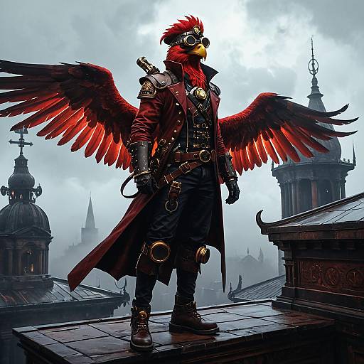 Anthropomorphic Griffon in Steampunk Attire on Rooftop