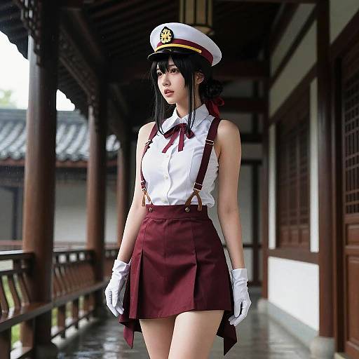 Digital anime-style image of a young woman with long black hair, wearing a white sailor hat, white blouse, red ribbon, maroon skirt, and