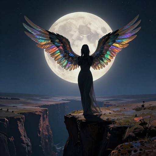 Silhouetted angel with vibrant rainbow wings stands on cliff, facing full moon; starry night sky and canyon landscape background. Digital art.