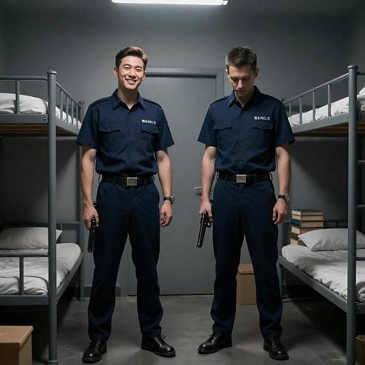 Men in Uniform in Dim Room