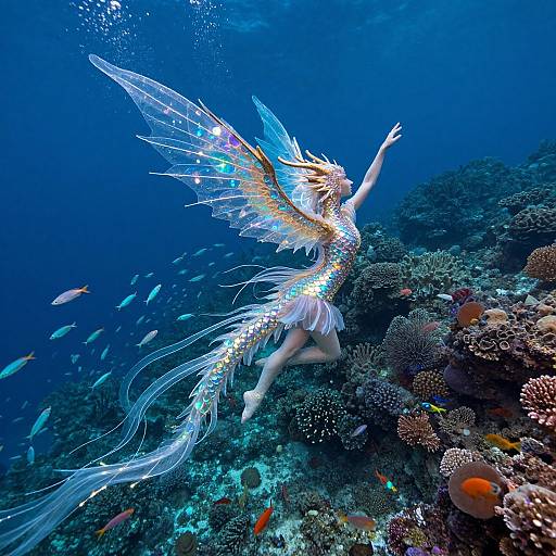 Photograph of a glowing, ethereal mermaid with iridescent wings and tail, swimming amidst vibrant coral reefs and colorful fish in a deep blue