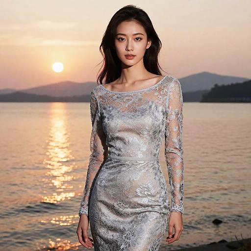 Elegant Woman by Lake at Sunset