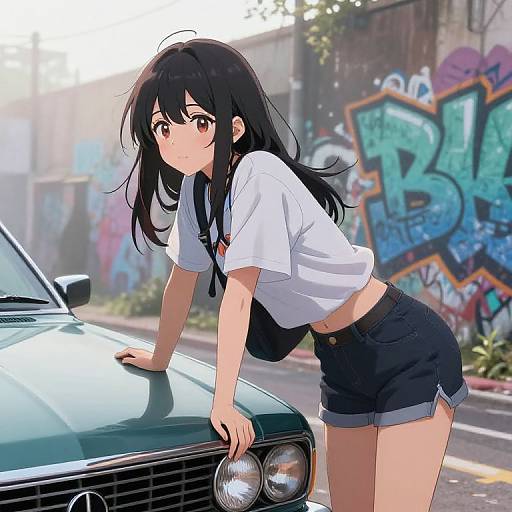 Anime-style digital drawing of a black-haired girl leaning on a green vintage car, wearing a white crop top and black shorts, with vibrant graffiti in the