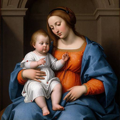 Renaissance-style painting of a serene Madonna with light brown hair, blue cloak, and orange dress, gently holding a chubby baby Jesus in white clothes