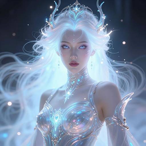 Digital art of a glowing, ethereal fairy queen with white hair, blue eyes, and silver armor. Her luminescent aura surrounds her, with