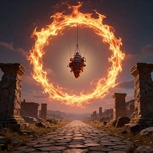 Photorealistic CGI: Fire ring encircles glowing, suspended lantern on ancient, ruined stone pathway at dusk, with scattered ruins and grass.