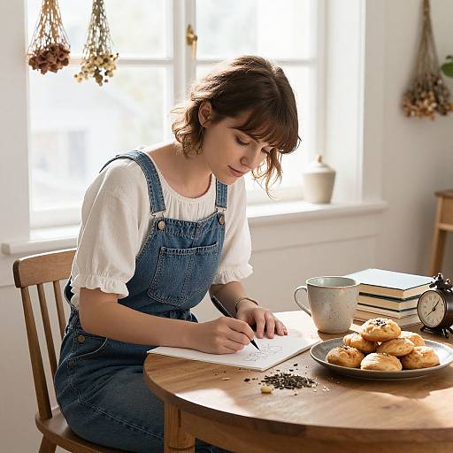 Photograph of a young woman with brown hair in denim overalls and white blouse, writing in a notebook at a sunlit wooden table, surrounded by