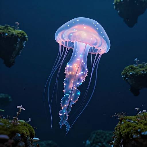 Glowing jellyfish with pink and blue lights, surrounded by dark blue water and green mossy rocks, in a vibrant underwater scene.
