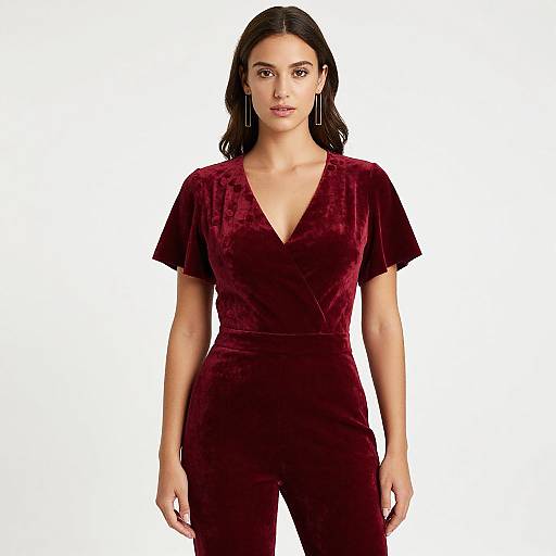 Photograph of a young woman with medium brown skin, dark brown hair, wearing a deep maroon velvet V-neck jumpsuit and long earrings, standing