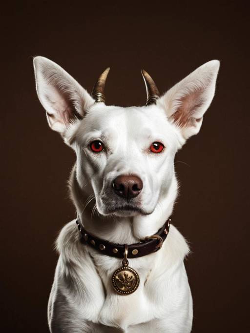 White Dog with Red Eyes and Horns Wearing Collar