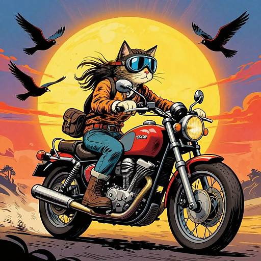 Digital illustration of a cat in aviator goggles and leather jacket riding a red Honda motorcycle at sunset, with black birds flying in the background.