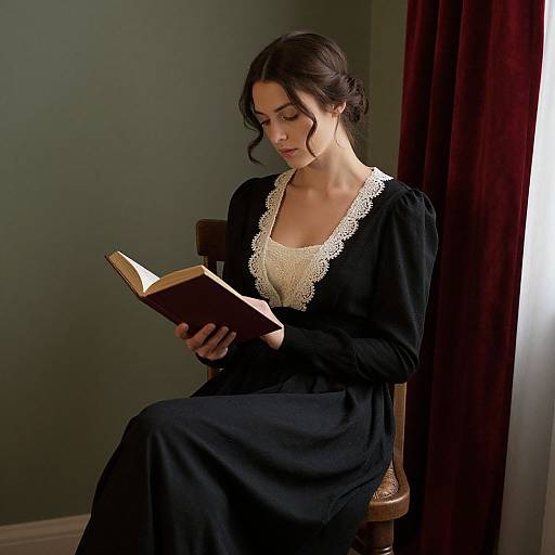 Photograph of a young woman with dark hair in a Victorian-style black dress with white lace collar, reading a book, seated on a wooden chair against