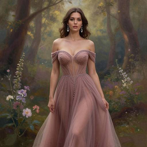 Photograph of a beautiful woman with wavy brown hair, wearing an off-shoulder, pink, beaded ball gown, standing in a magical