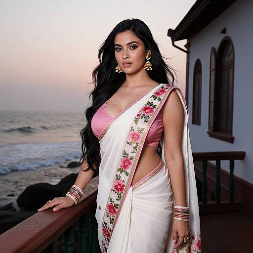 Photograph of a confident Indian woman with long black hair, wearing a white saree with pink floral embroidery, pink blouse, gold jewelry, standing on