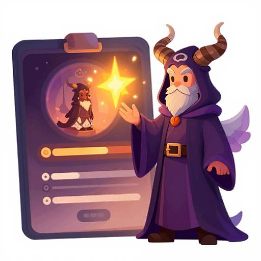 Chibi-style digital drawing of a bearded, horned wizard in a dark robe, casting a fire spell from a magic card.